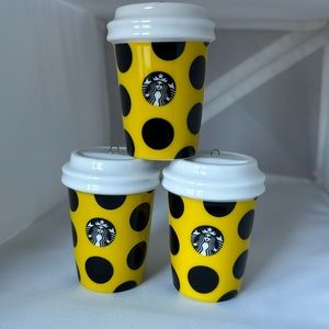 🎄 Starbucks holiday 2015 yellow black polkadot Classic ceramic hot cup ornament